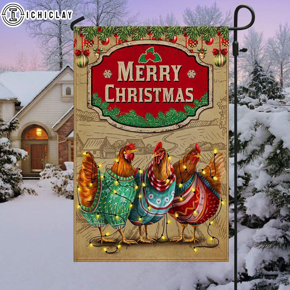 Chicken Christmas Three Hens With Light Vintage House And Garden Flag Decor