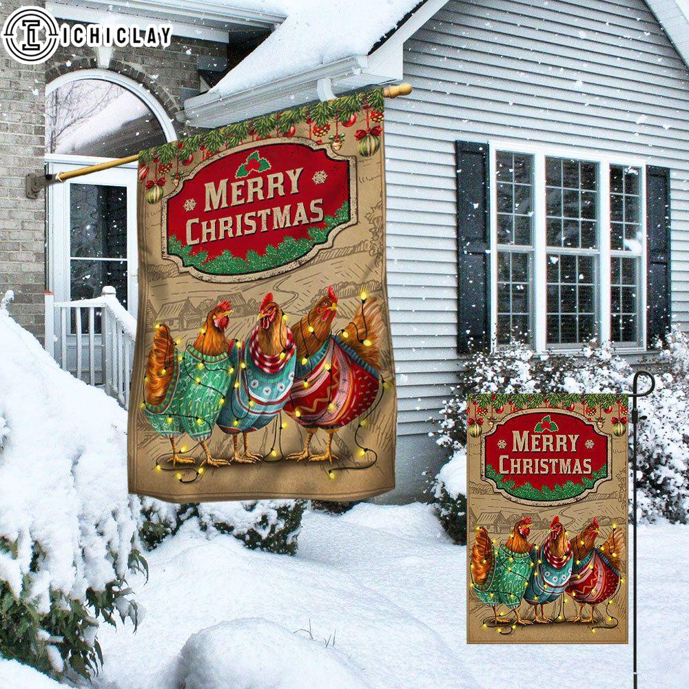 Chicken Christmas Three Hens With Light Vintage House And Garden Flag Decor