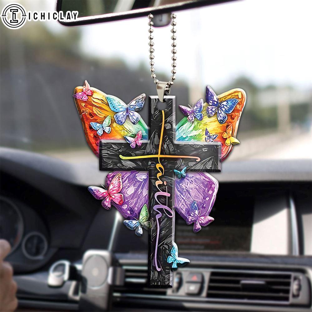 Colorful Butterfly Faith Jesus Cross God Christian Car Christmas Ornament Hanging Decor