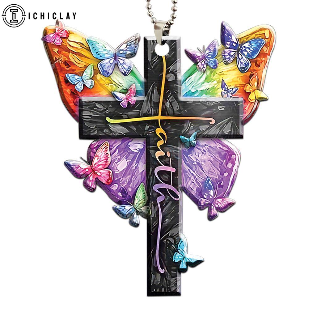 Colorful Butterfly Faith Jesus Cross God Christian Car Christmas Ornament Hanging Decor