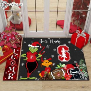 Custom Name NCAA Stanford Cardinal Grinch Christmas Welcome Football Doormat