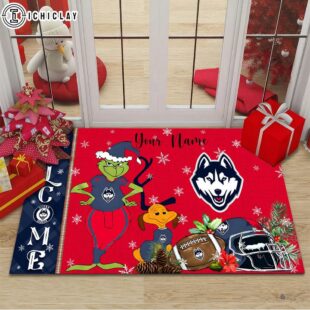 Custom Name NCAA Uconn Huskies Grinch Christmas Welcome Football Doormat