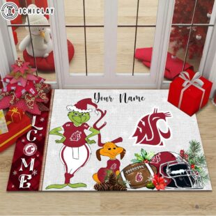 Custom Name NCAA Washington State Cougars Grinch Christmas Welcome Football Doormat
