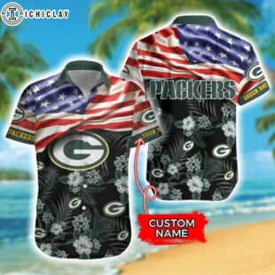 Custom Name NFL Green Bay Packers American Flag 3D Hawaiian Shirt