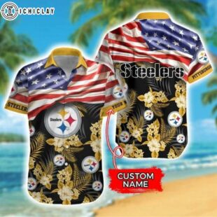 Custom Name NFL Pittsburgh Steelers American Flag 3D Hawaiian Shirt