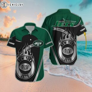 Custom Name New York Jets Flame Gridiron Hawaiian Shirt