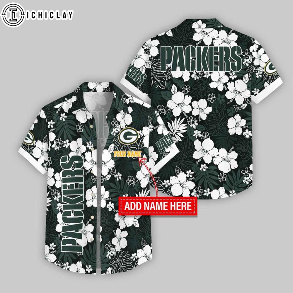 Custom Name Green Bay Packers Hibicus Pattern Hawaiian Shirts For Fans Custom Name Green Bay Packers Hibicus Pattern Hawaiian Shirts For Fans