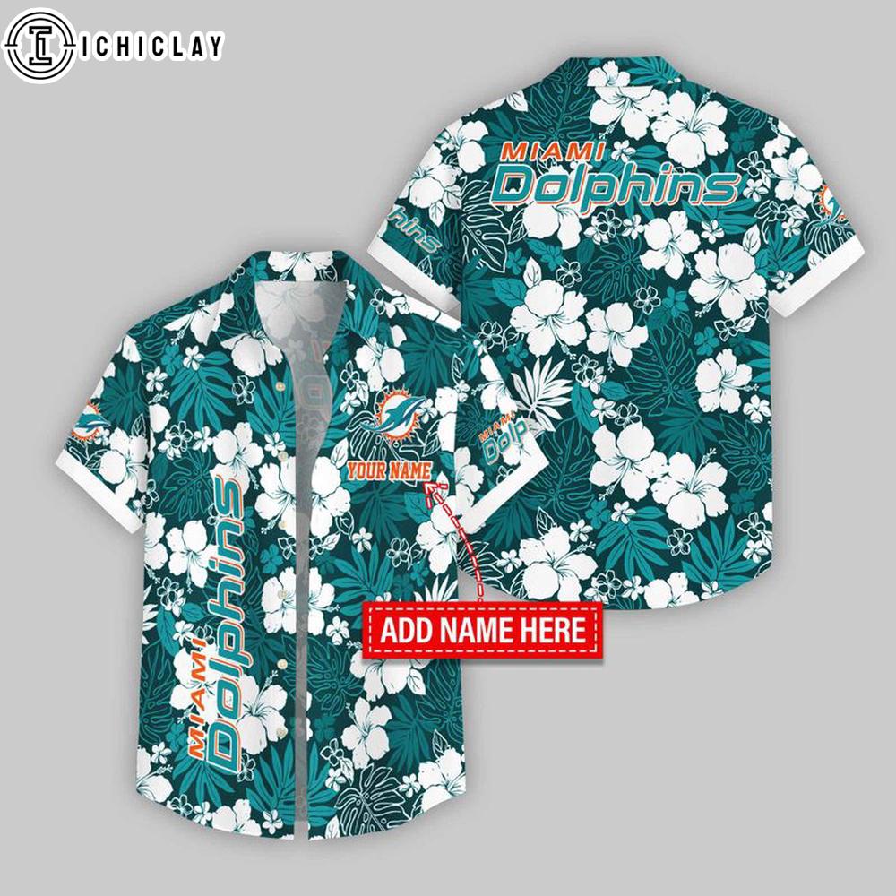 Custom Name Miami Dolphins Hibicus Pattern Hawaiian Shirts For Fans Custom Name Miami Dolphins Hibicus Pattern Hawaiian Shirts For Fans