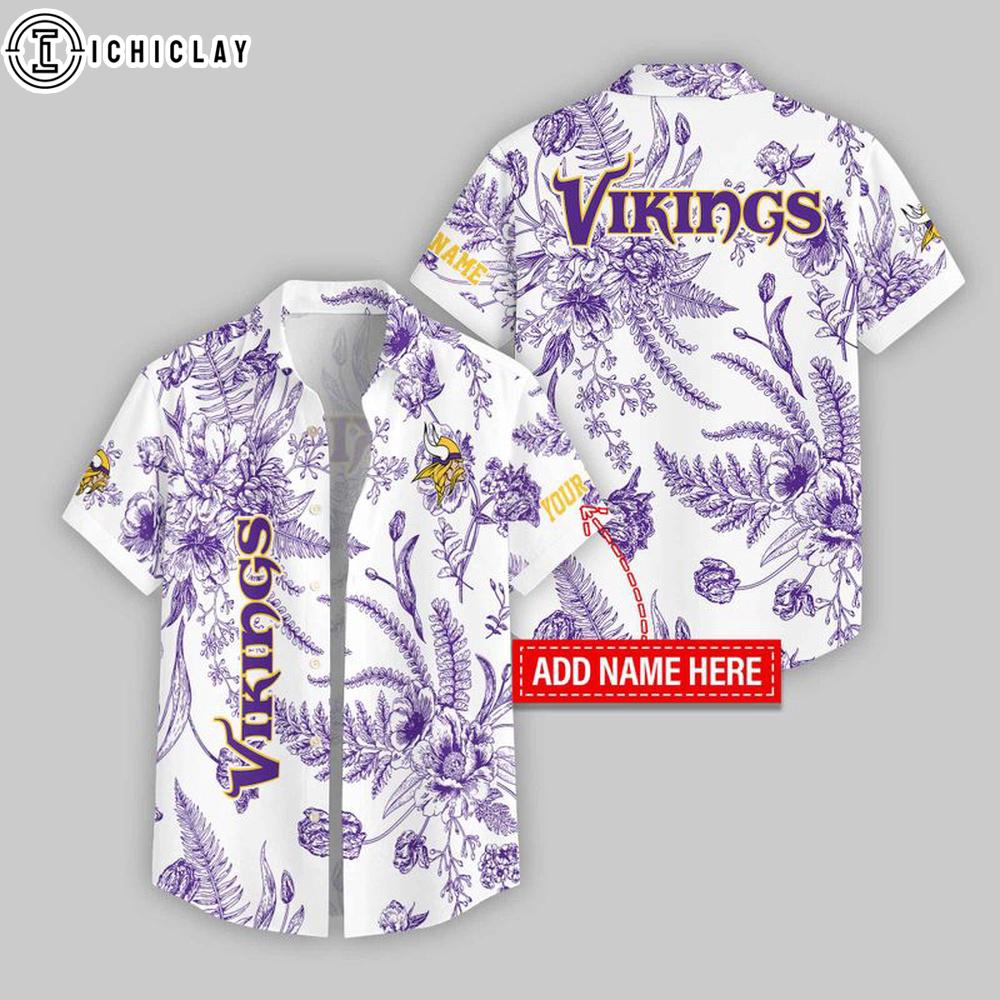 Custom Name Minnesota Vikings Leaf & Flower Pattern Hawaiian Shirts For Fans Custom Name Minnesota Vikings Leaf & Flower Pattern Hawaiian Shirts For Fans