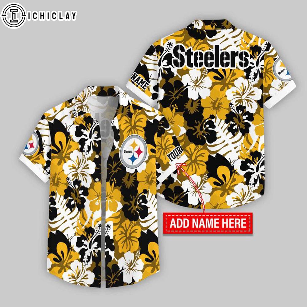 Custom Name Pittsburgh Steelers Hibicus & Leaf Pattern Hawaiian Shirts For Fans Custom Name Pittsburgh Steelers Hibicus & Leaf Pattern Hawaiian Shirts For Fans