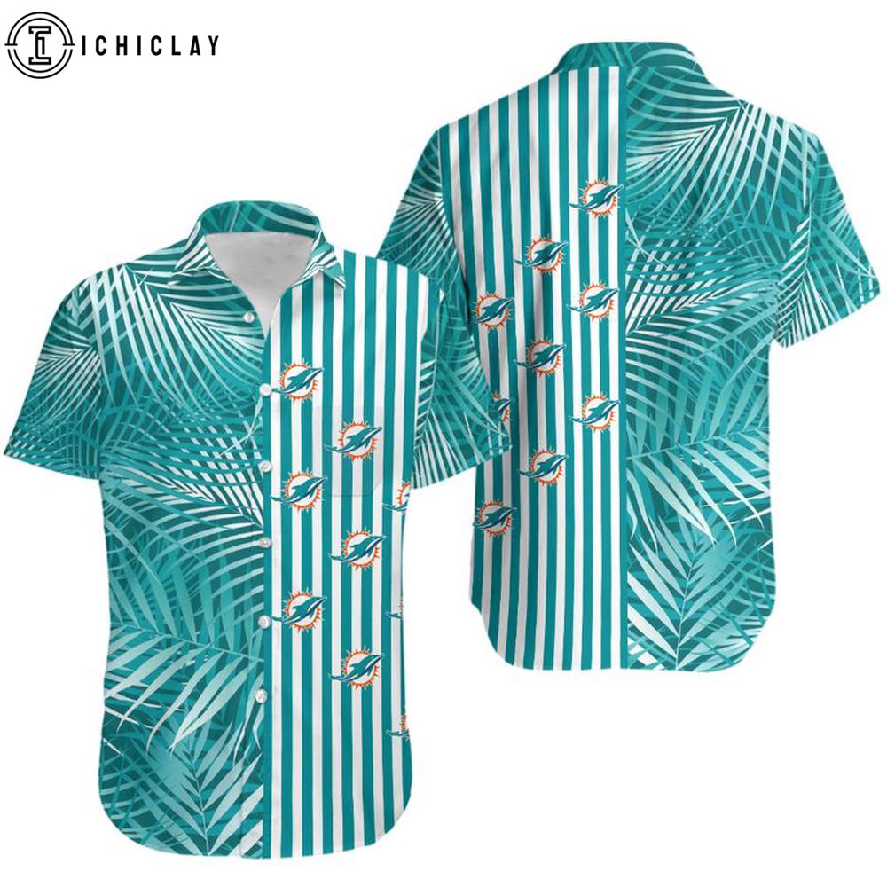 Miami Dolphins Palm Leaves and Stripes Hawaiian Shirt Miami Dolphins Palm Leaves and Stripes Hawaiian Shirt