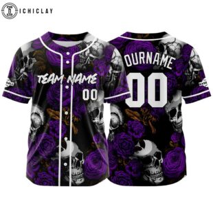 Custom Name And Number Rose Skull & Purple Baseball Jersey Shirts