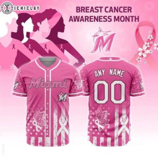 Custom Name And Number MLB Miami Marlins Breast Cancer Awareness Baseball Jersey