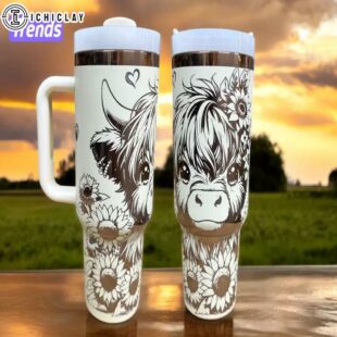 Adorable Cow & Sunflower Stainless Steel Tumbler 40Oz With Handle