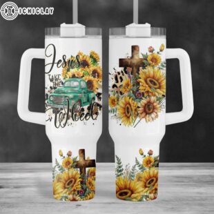 Christian Faith Teal Truck Sunflower Pattern Stainless Steel Tumbler 40Oz With Handle