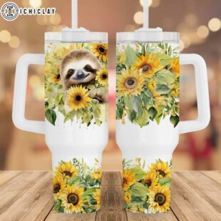 Cute Sloth Sunflowers Stainless Steel Tumbler 40Oz With Handle
