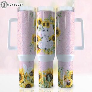Elephant Sunflower Pattern Stainless Steel Tumbler 40Oz With Handle
