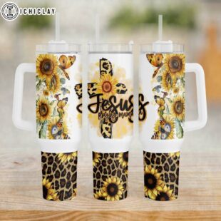 Mama Christian Cross Sunflower Leopard Pattern Stainless Steel Tumbler 40Oz With Handle