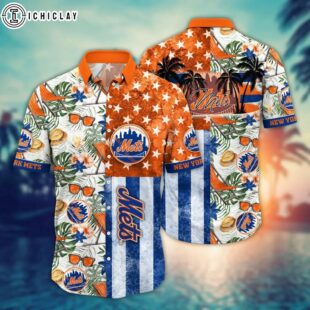New York Mets Monstera Leaves American Flag Summer Hawaiian Shirt