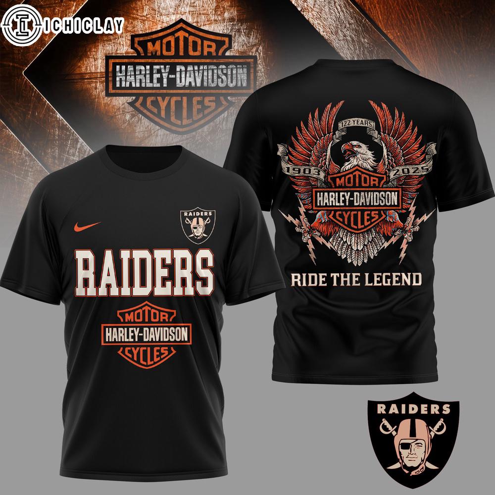 Las Vegas Raiders NFL 122 Year Harley Davidson 3D T-Shirt For Fans Las Vegas Raiders NFL 122 Year Harley Davidson 3D T-Shirt For Fans