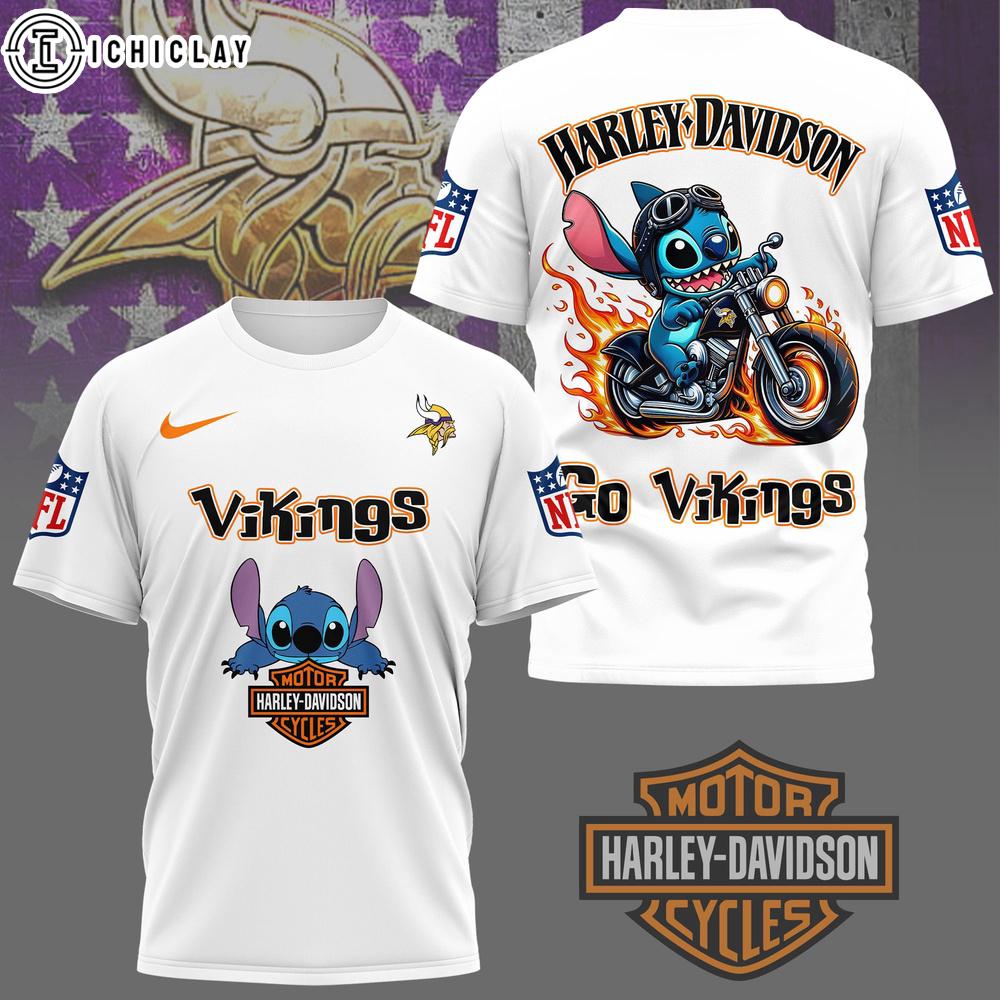Minnesota Vikings NFL Stitch Harley Davidson 3D T-Shirt For Fans Minnesota Vikings NFL Stitch Harley Davidson 3D T-Shirt For Fans