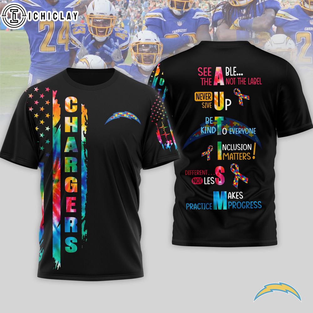 Los Angeles Chargers NFL Autism Awareness Tie Dye 3D T-Shirt Los Angeles Chargers NFL Autism Awareness Tie Dye 3D T-Shirt