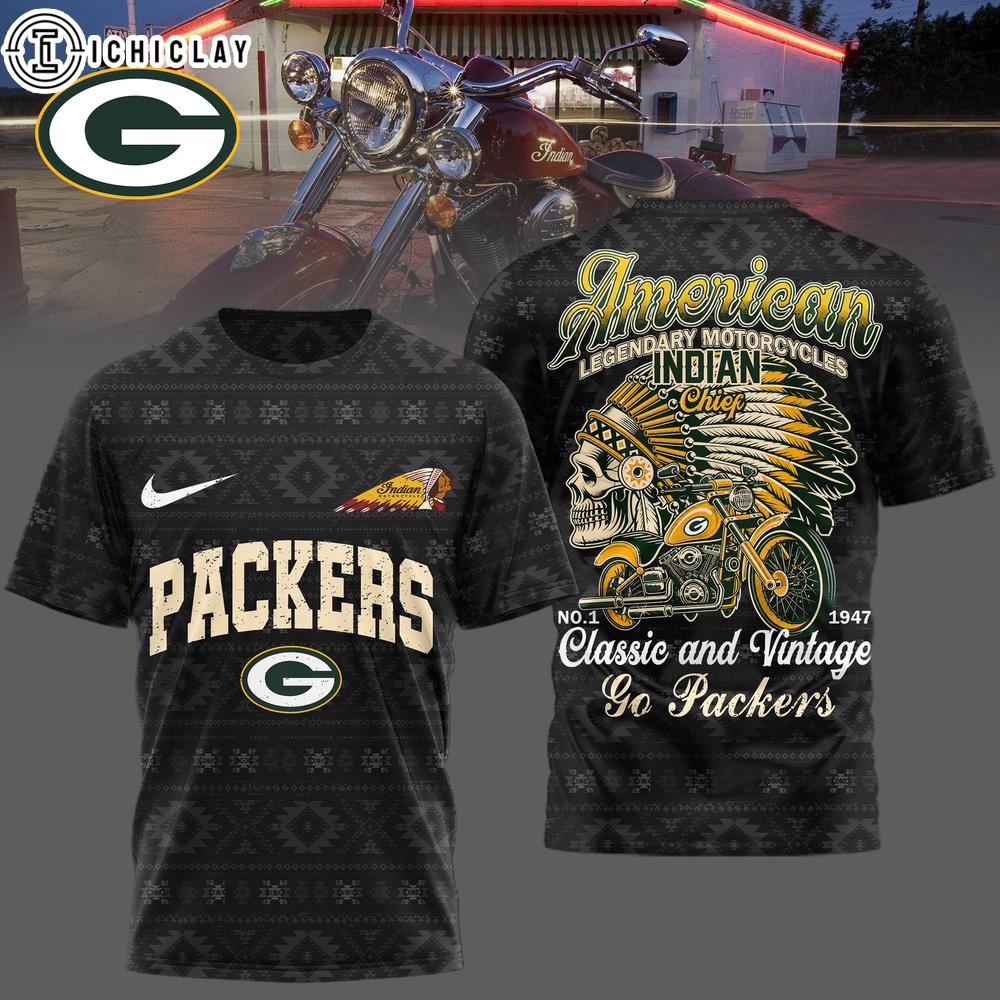Green Bay Packers NFL Indian Motorcycle 3D T-Shirt For Fans Green Bay Packers NFL Indian Motorcycle 3D T-Shirt For Fans