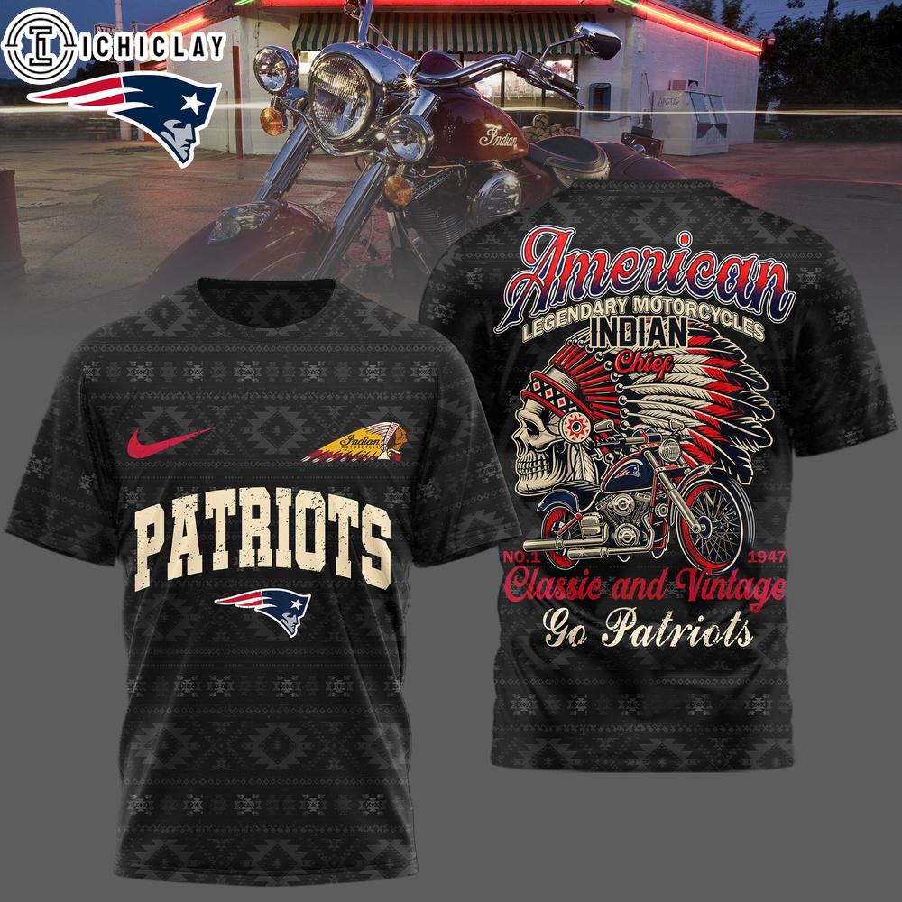 New England Patriots NFL Indian Motorcycle 3D T-Shirt For Fans New England Patriots NFL Indian Motorcycle 3D T-Shirt For Fans